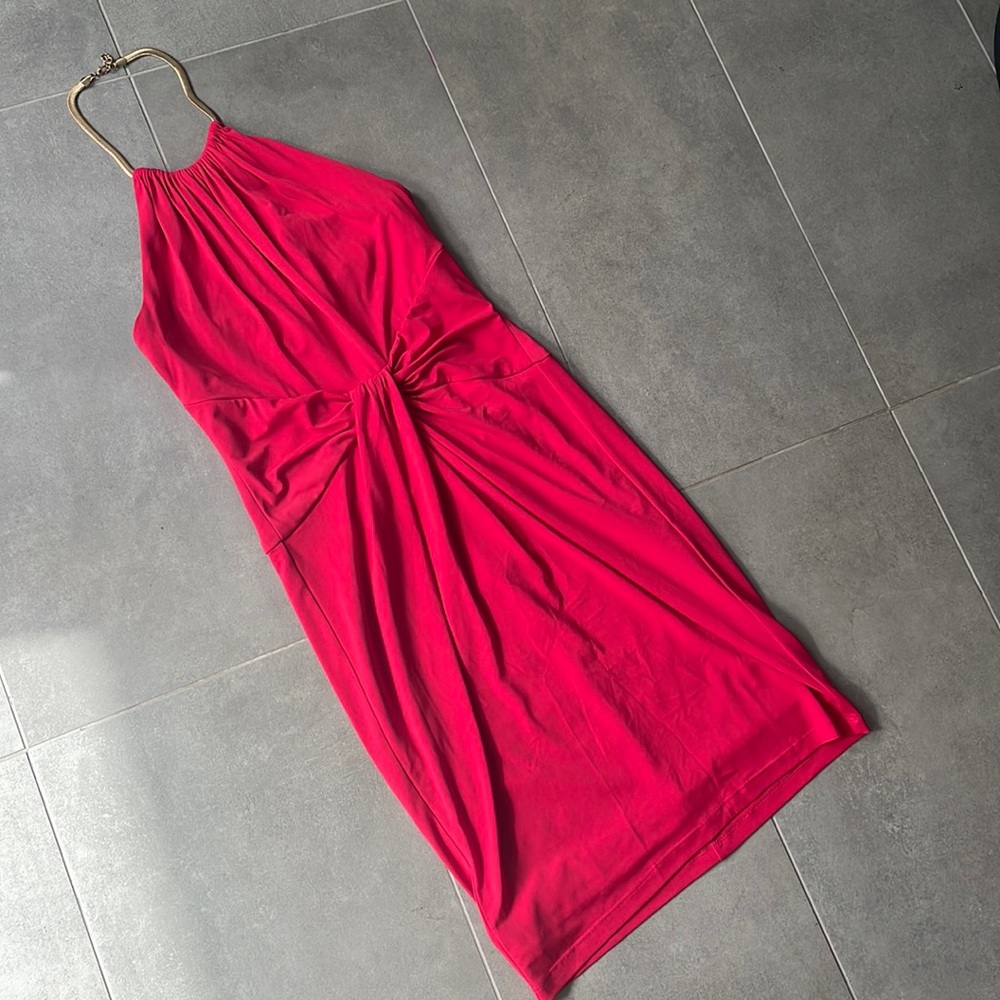 Maggy London Red Gold Metal Halter Dress Size 2 / XS Polyester Blend